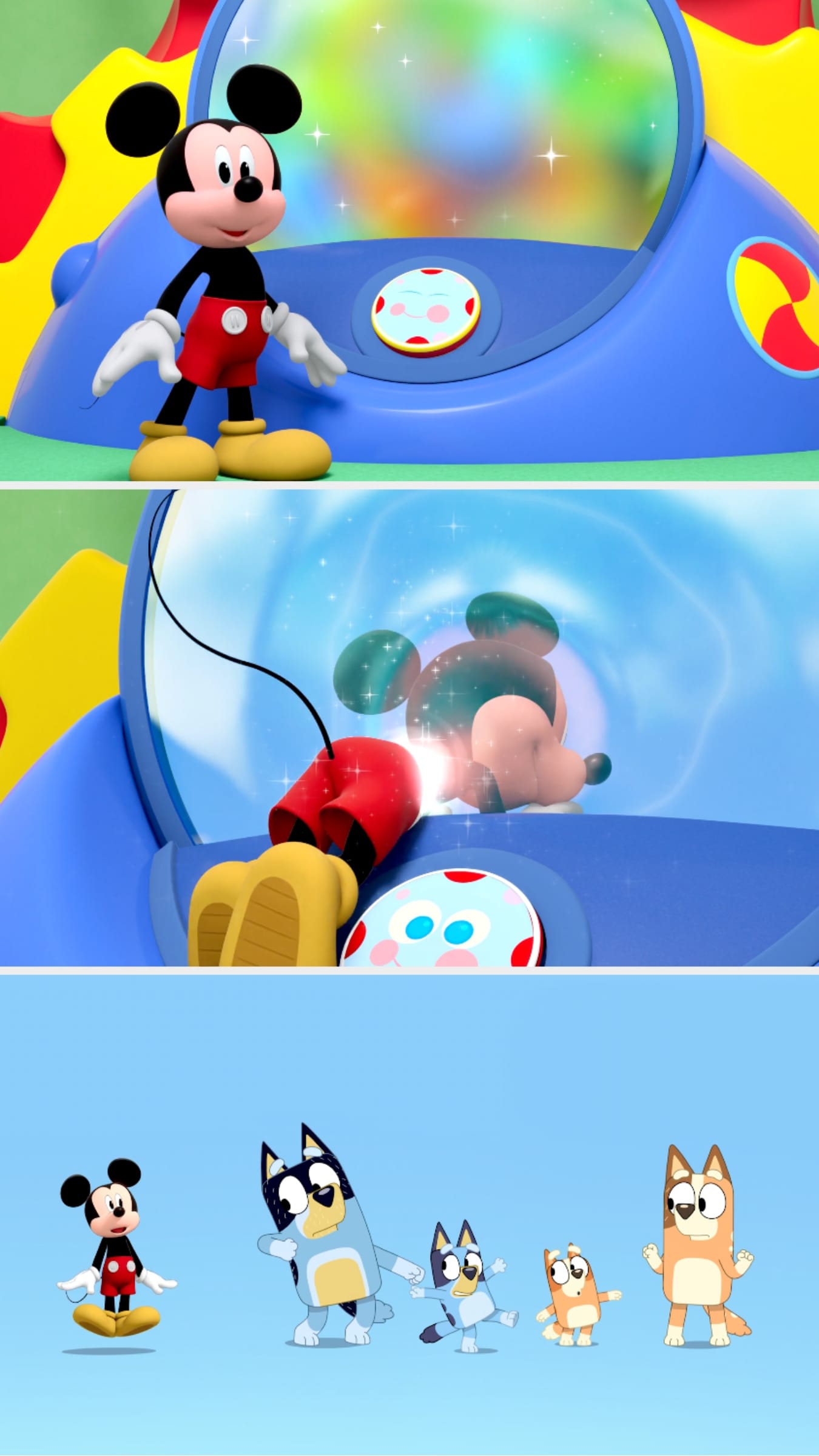 Mickey Mouse and Bluey characters look into a futuristic, glowing machine