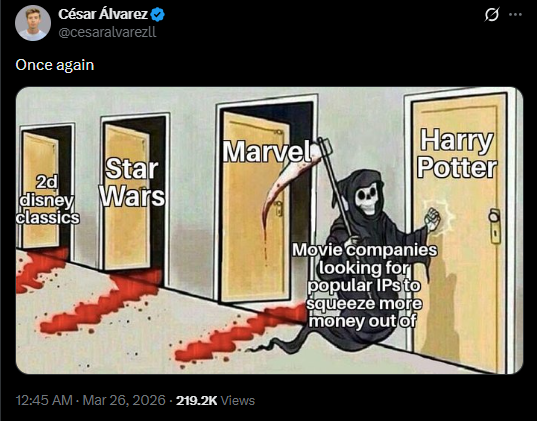 Grim Reaper labeled &amp;quot;Movie companies&amp;quot; knocks on doors labeled &amp;quot;Disney classics,&amp;quot; &amp;quot;Star Wars,&amp;quot; &amp;quot;Marvel,&amp;quot; &amp;quot;Harry Potter,&amp;quot; with blood trails