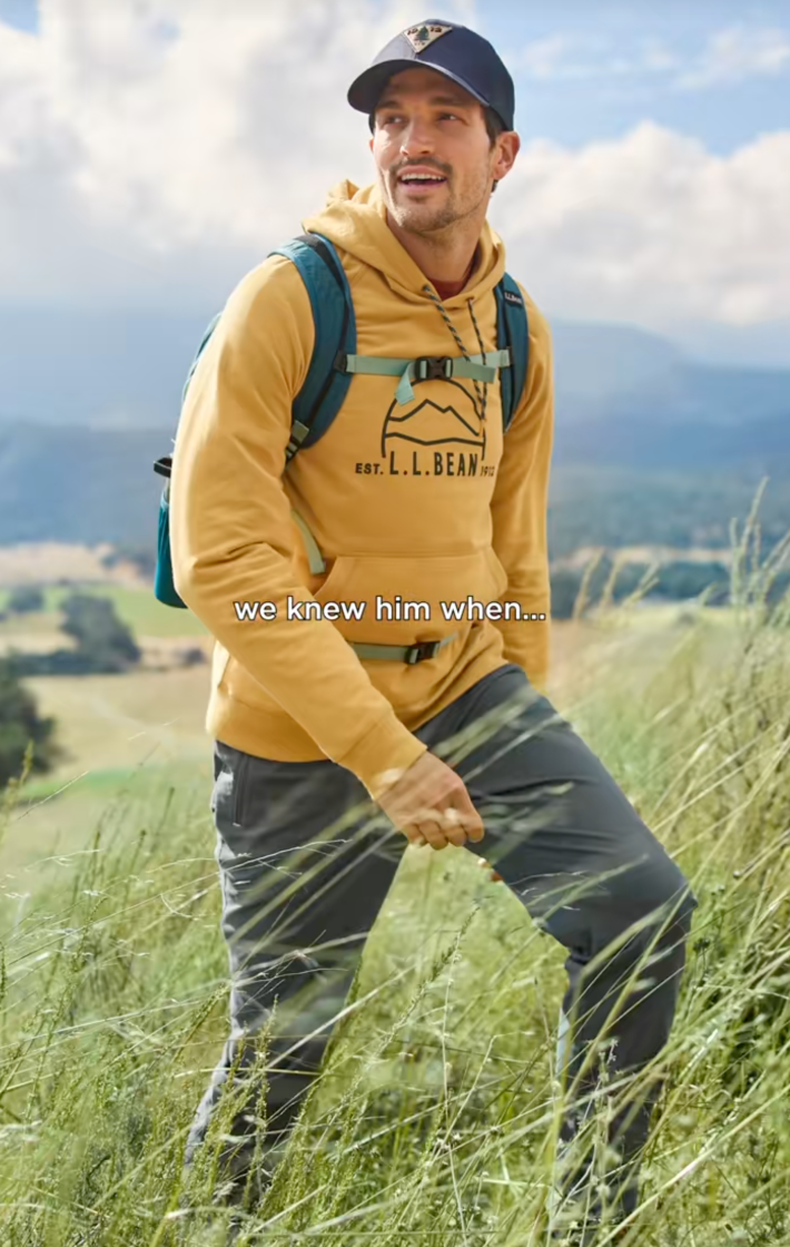 @llbean/TikTok catalog photo of Paul Anthony Kelly modeling for L.L. Bean  with onscreen text: "we knew him when"