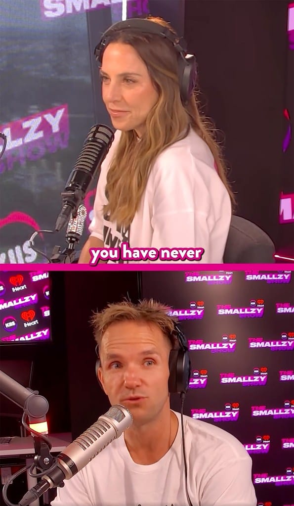 Collage of two images: a woman wearing headphones, speaking into a microphone, and a man wearing headphones, speaking into a microphone.