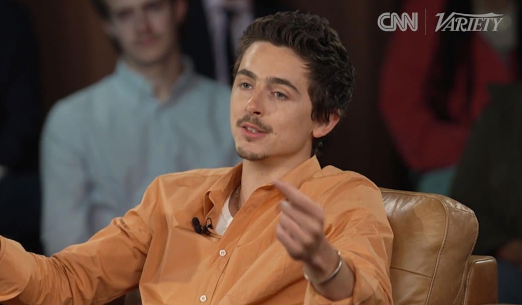 Timothée Chalamet speaking at a CNN/Variety town hall event.